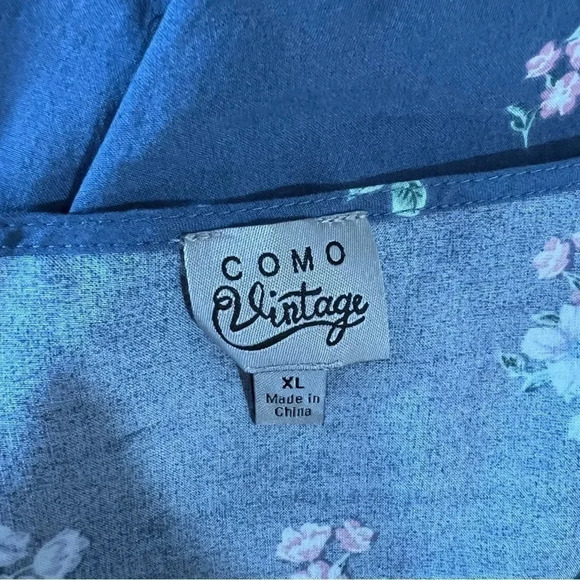 Como Vintage Blouse XL Blue Floral Lace Cutouts V Neck Long Sleeves V Neck Top - Picture 7 of 7